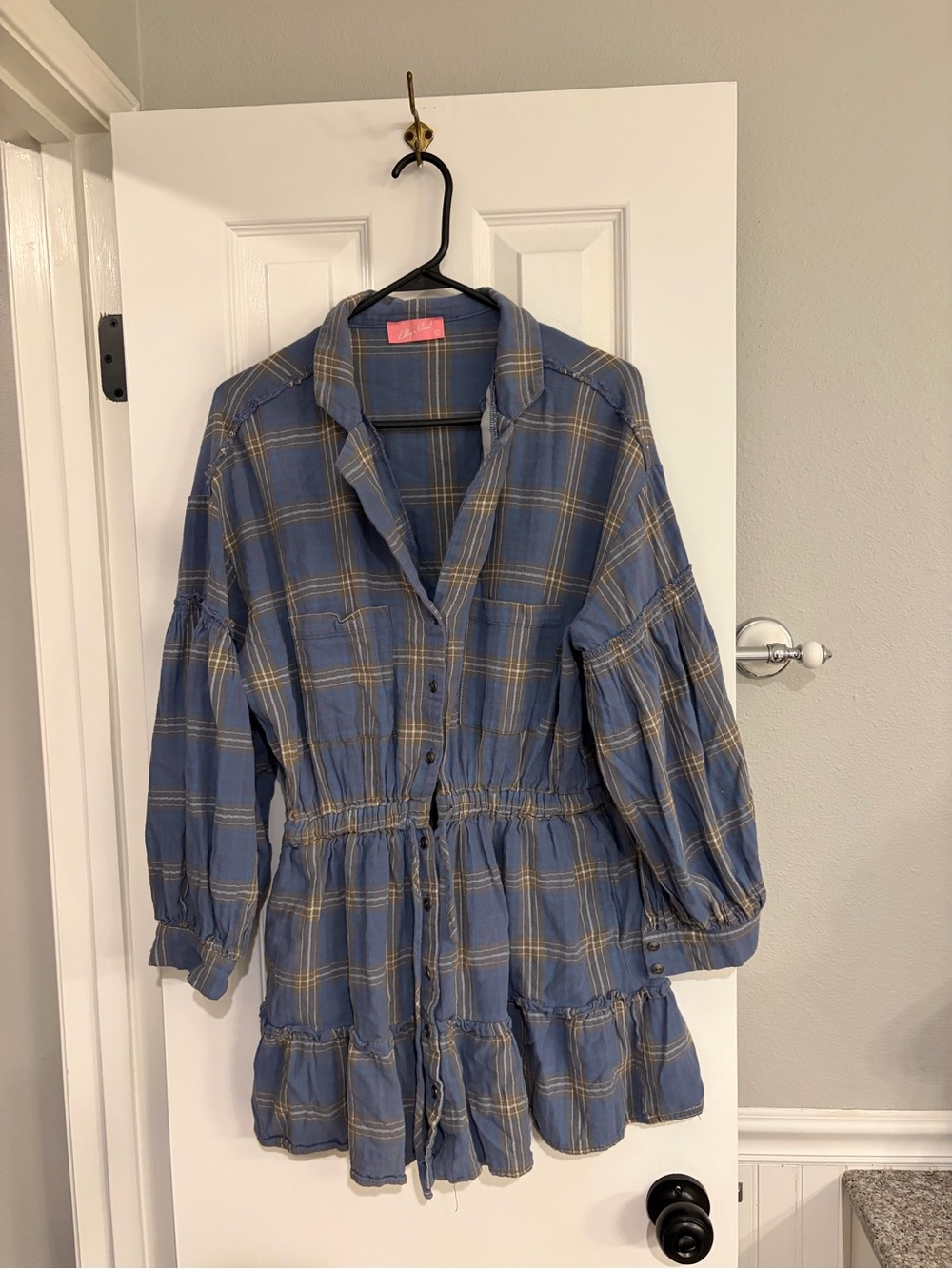Lilly’s Kloset Blue Plaid Tiered Ruffle Mini Shirt Dress Cotton L